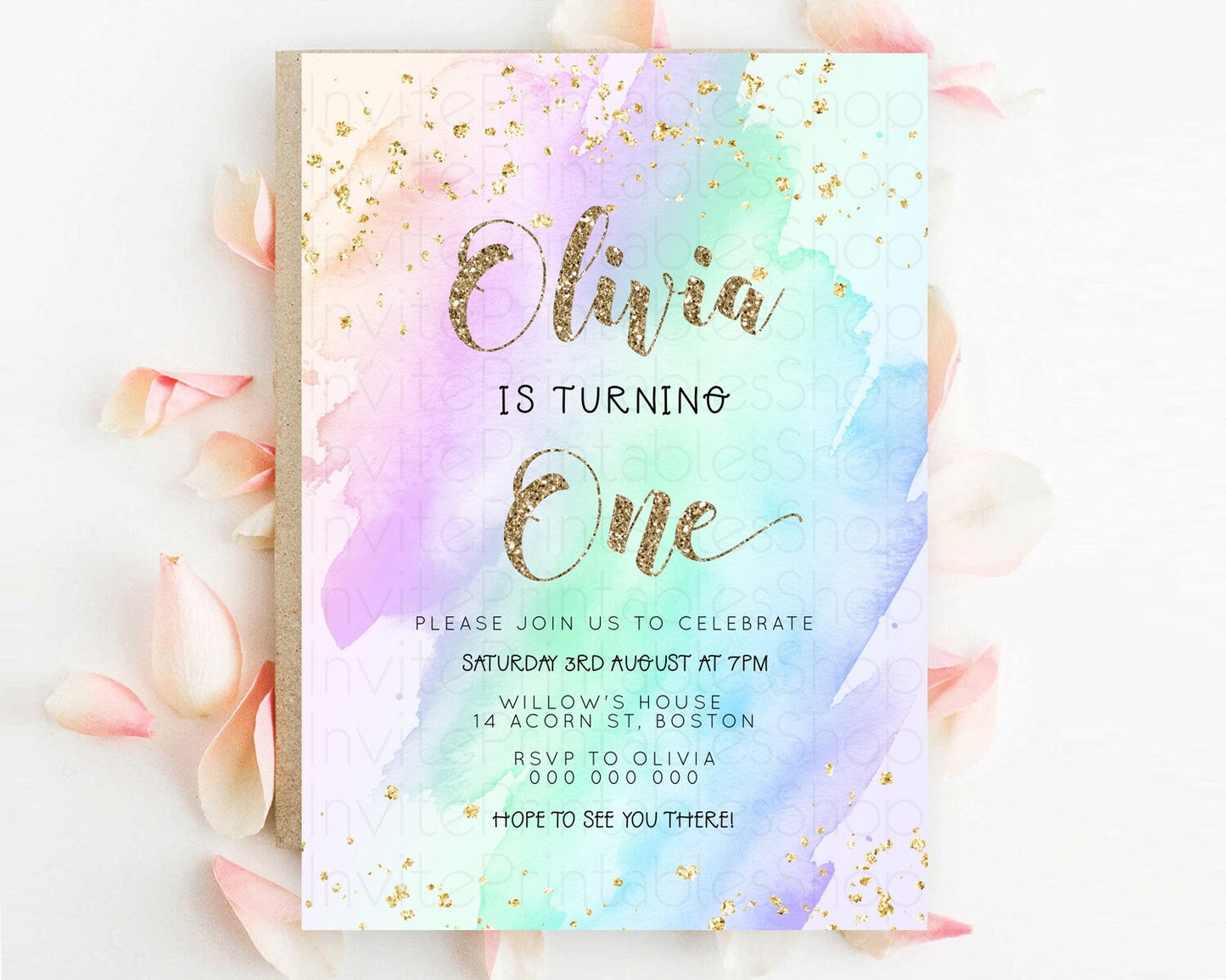 Rainbow Birthday Invitation Colorful Pastel Watercolor Invitation Gold Glitter Sprinkles Ombre Pastel 1st 2nd 3rd Birthday D23284