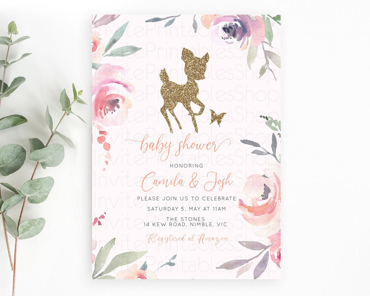 Fawn Baby Shower Invitation Deer Baby Shower Invites Enchanted Forest Theme Butterfly Pastel Flowers Whimsical Baby Shower D10196