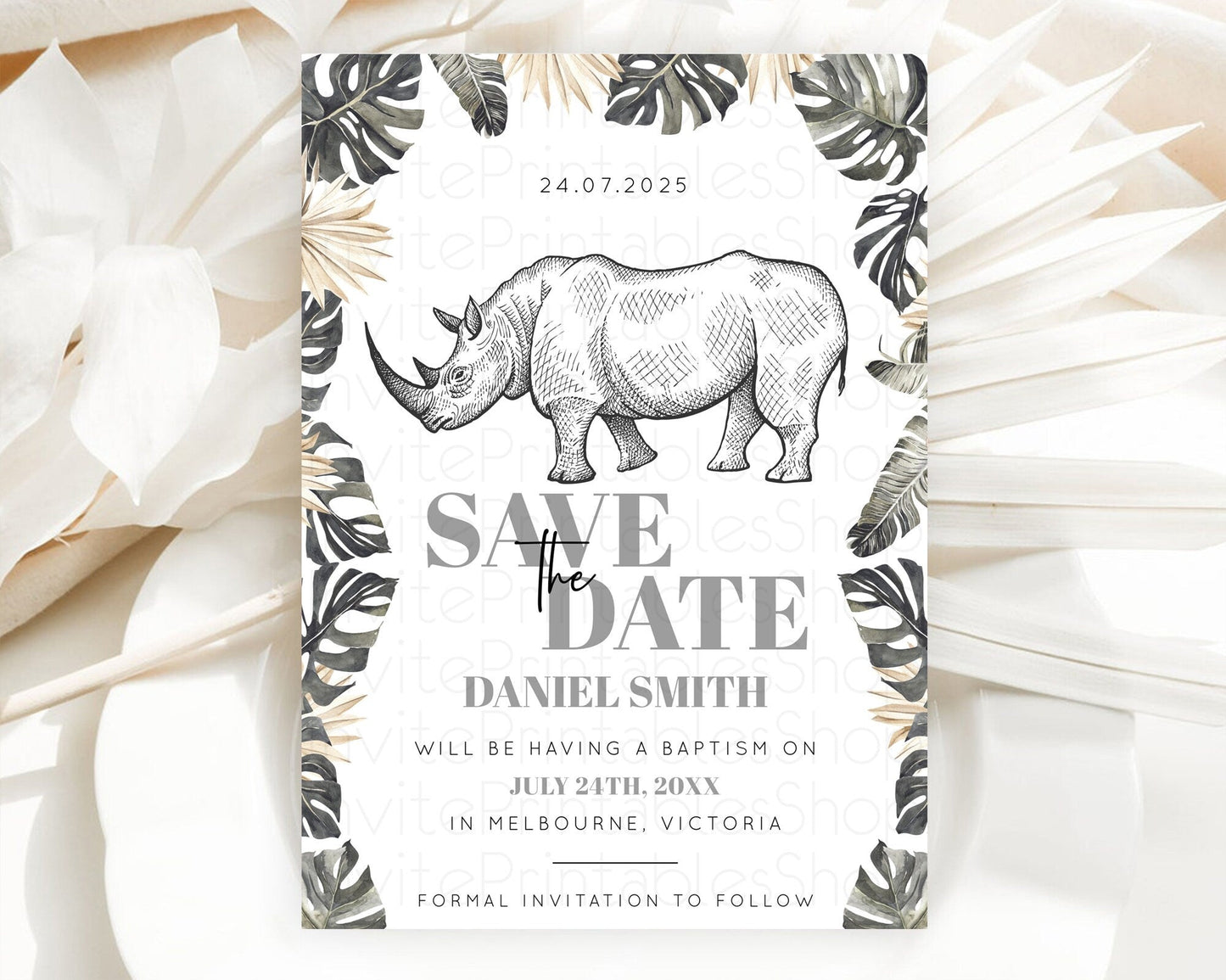 Rhino Save The Date Template Rhino Party Save The Date Safari Adventure Rhino Minimal Theme For 1st Birthday Baptism Baby Shower D10826