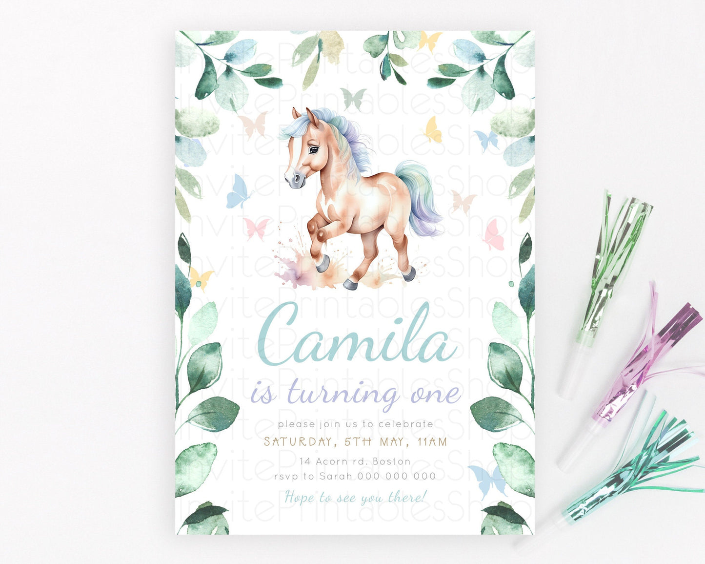 Horse Birthday Invitation, Galloping Wildflower Fields, Pastel Flowers, Butterflies, Flowers Accents for Equestrian & Cowgirls d23388