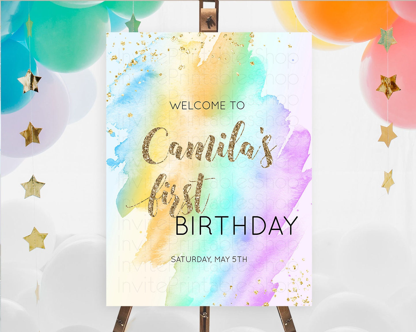 Pastel Welcome Sign Pastel Rainbow Welcome Sign Colorful Rainbow Confetti Watercolor Glitter Pastel First Birthday Welcome Sign D10426