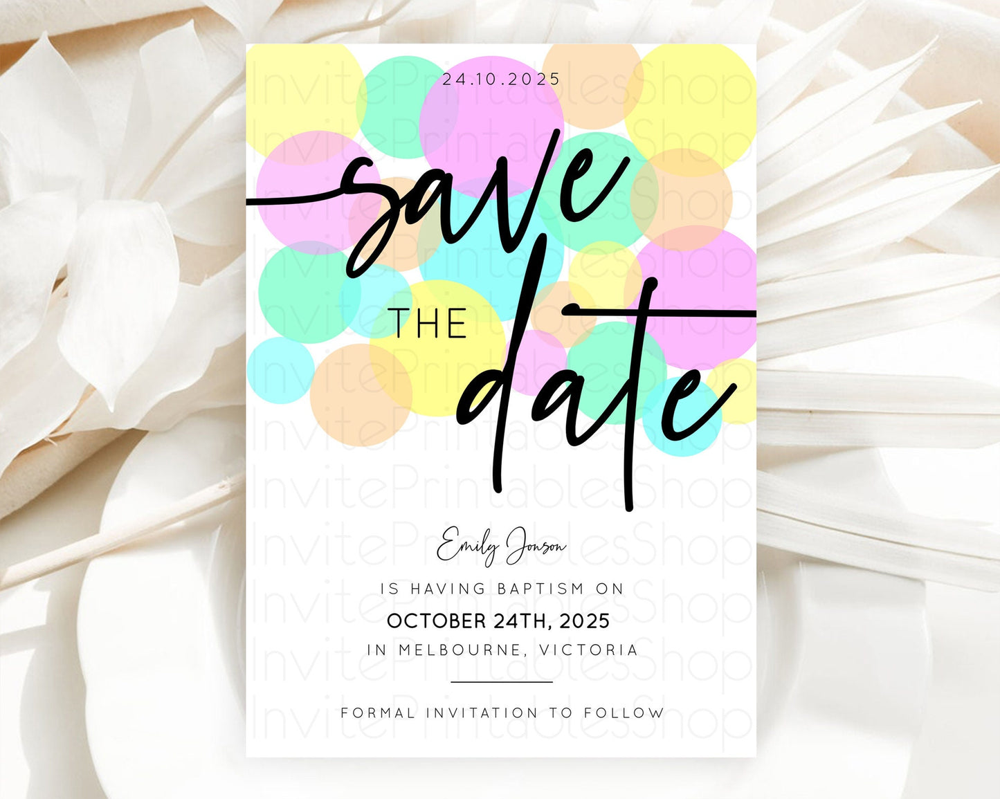 Pastel Confetti Save The Date Template Rainbow Colorful Sprinkles Party For 1st Birthday Baptism Baby Shower Wedding Bridal Shower D10410