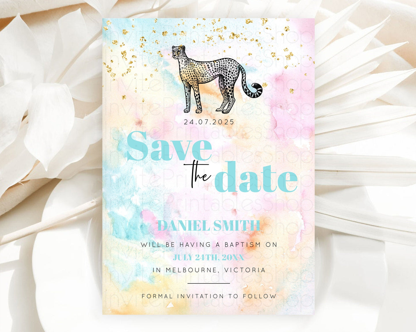 Pastel Cheetah Save The Date Template Rainbow Watercolor Cheetah Party Save The Date Colorful Cheetah Birthday Baptism Baby Shower D10289