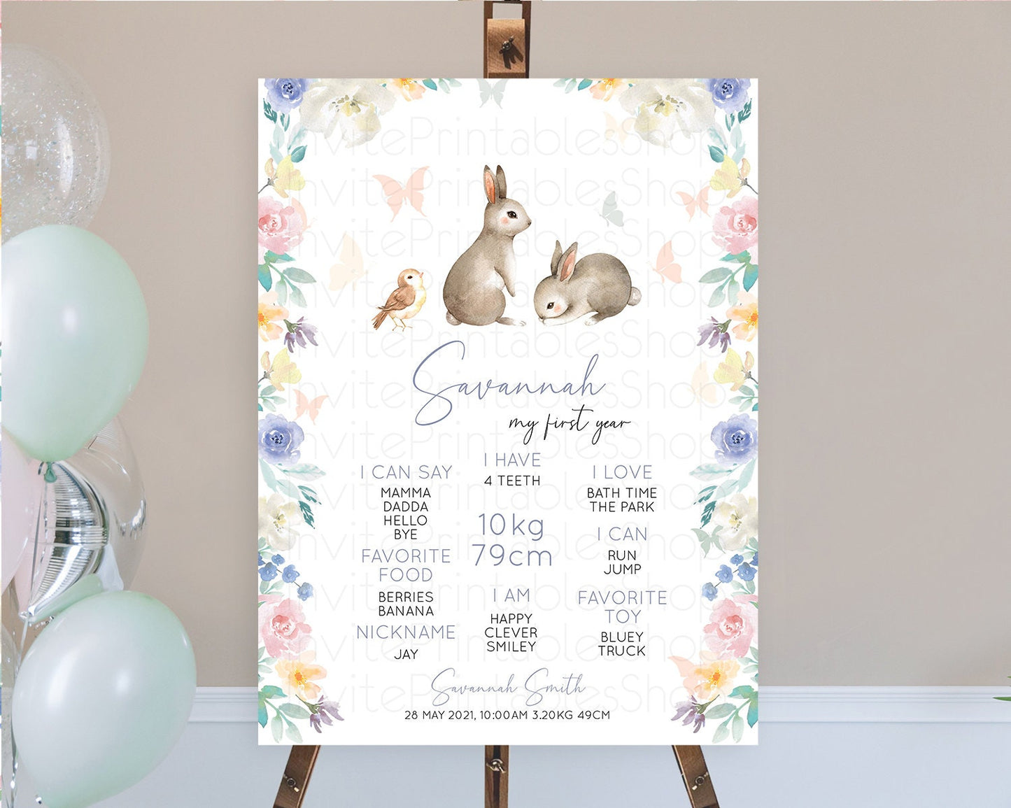 Bunny First Birthday Milestone Board Floral Bunny Milestone Poster Pastel Flowers Woodland Bunny Milestone 1st Birthday Welcome Sign D10928