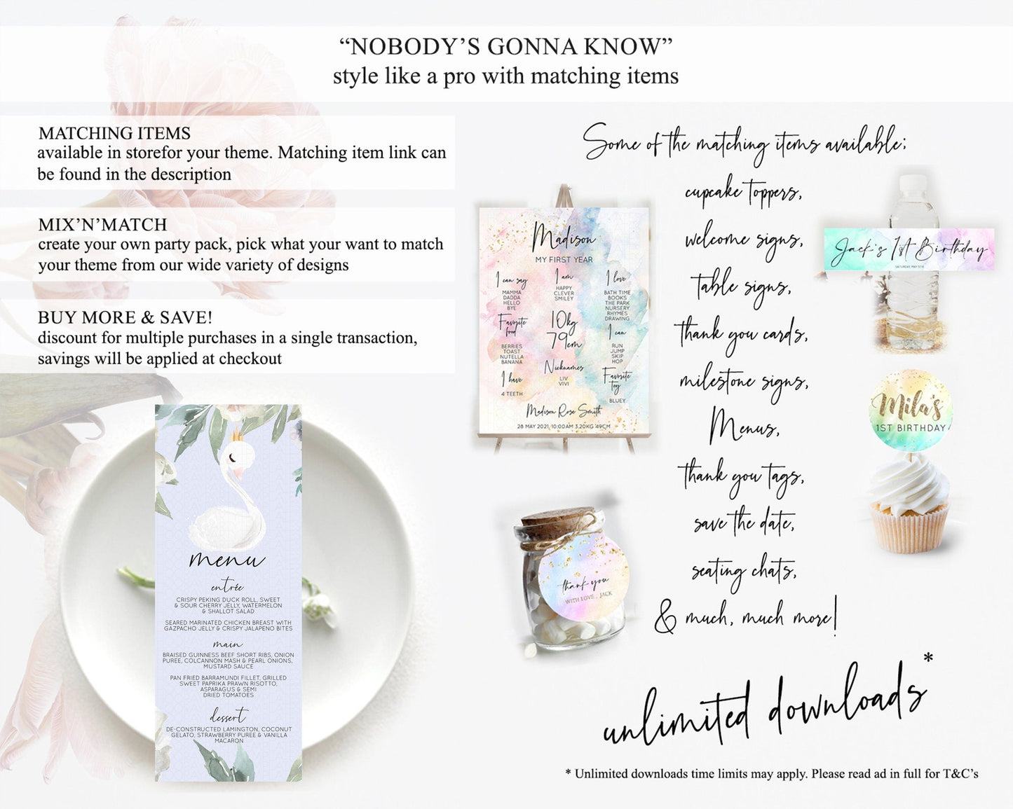 Swan Menu Swan Princess Ballet Menu Template Enchanted Swan Lake Table Decor Secret Garden Pastel Floral Dinner Dessert Food Menu D10756
