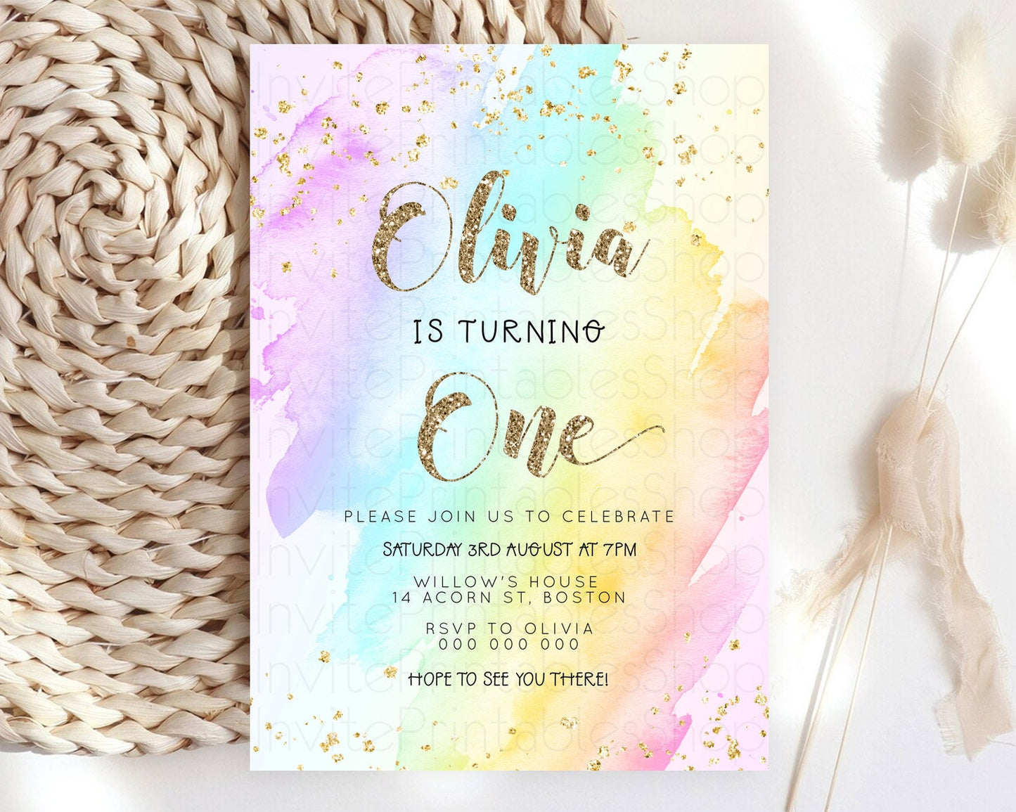 Rainbow Birthday Invitation Colorful Pastel Watercolor Invitation Gold Glitter Sprinkles Ombre Pastel 1st 2nd 3rd Birthday D23286