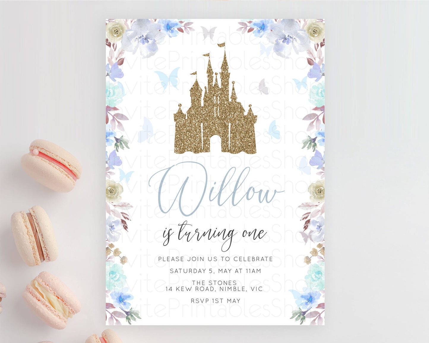 Princess Birthday Invitation Castle Invitation Royal Birthday Fairy Tale Enchanted Castle Pastel Floral Garden 1st First Birthday D10932