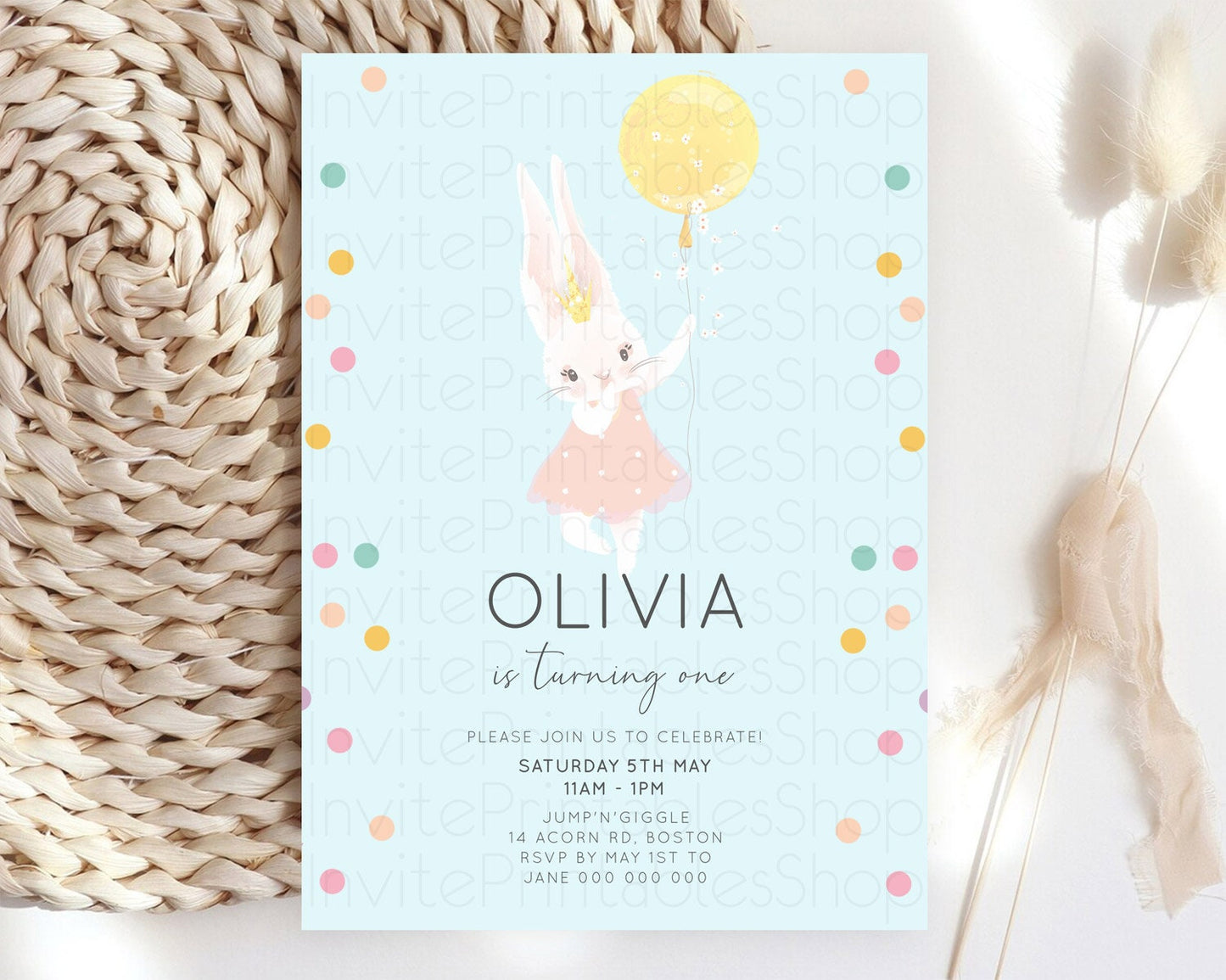 Bunny Birthday Invitation Pastel Bunny Invitation Bunny Balloon Invites Pastel Confetti Balloon Bunny Invites 2nd 1st First Birthday 199v3