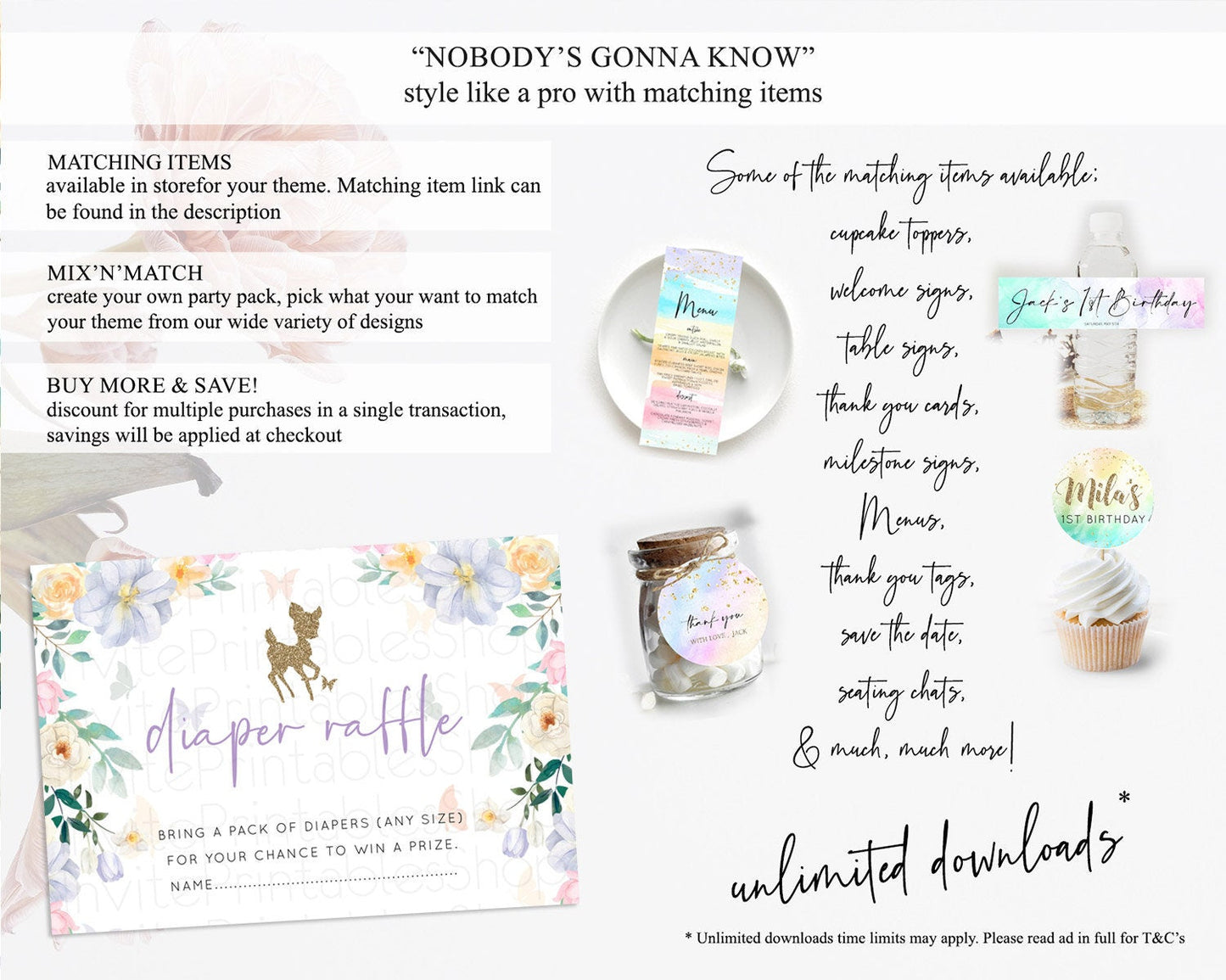 Fawn Diaper Raffle Card Deer Diaper Insert Floral Deer Diaper Ticket Enchanted Forest Butterfly Pastel Baby Shower Raffle Game D10477