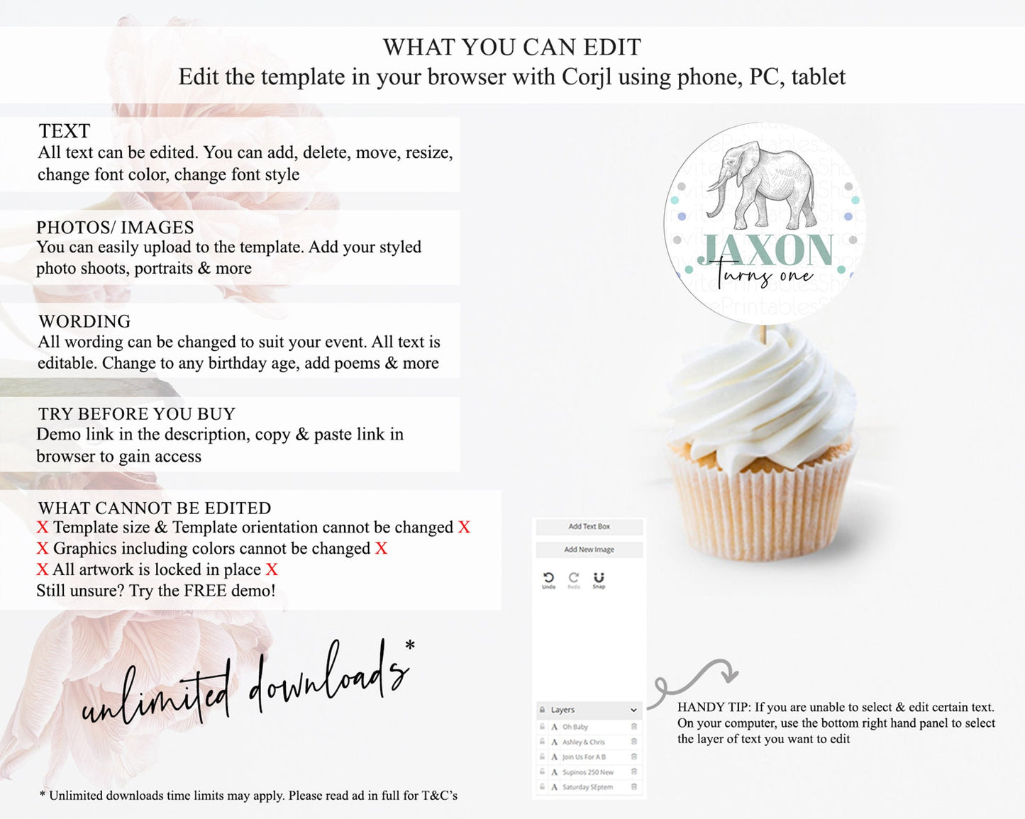 Elephant Cupcake Toppers Elephant Cupcake Elephant Party Safari Adventure Elephant Cupcake Topper Elephant Décor Zoo Fern Palm Leaf D10859