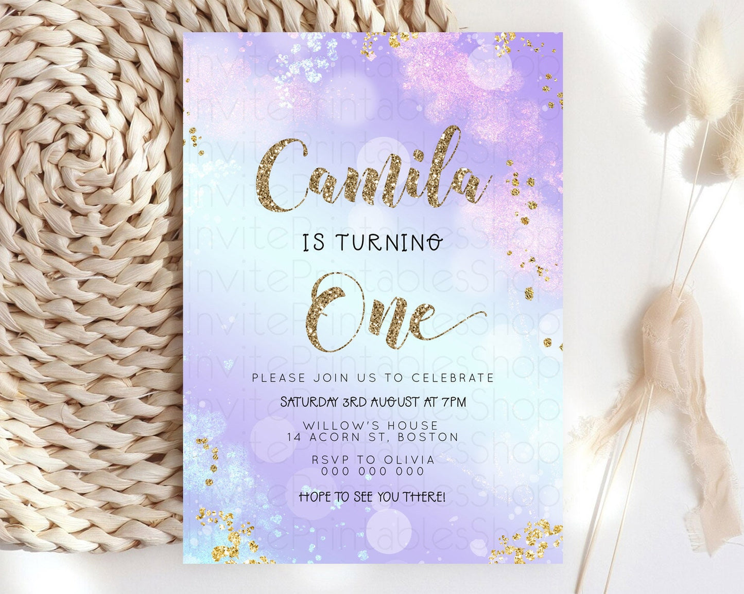 Rainbow Birthday Invitation Colorful Pastel Watercolor Invitation Gold Glitter Sprinkles Ombre Pastel 1st 2nd 3rd Birthday D23118