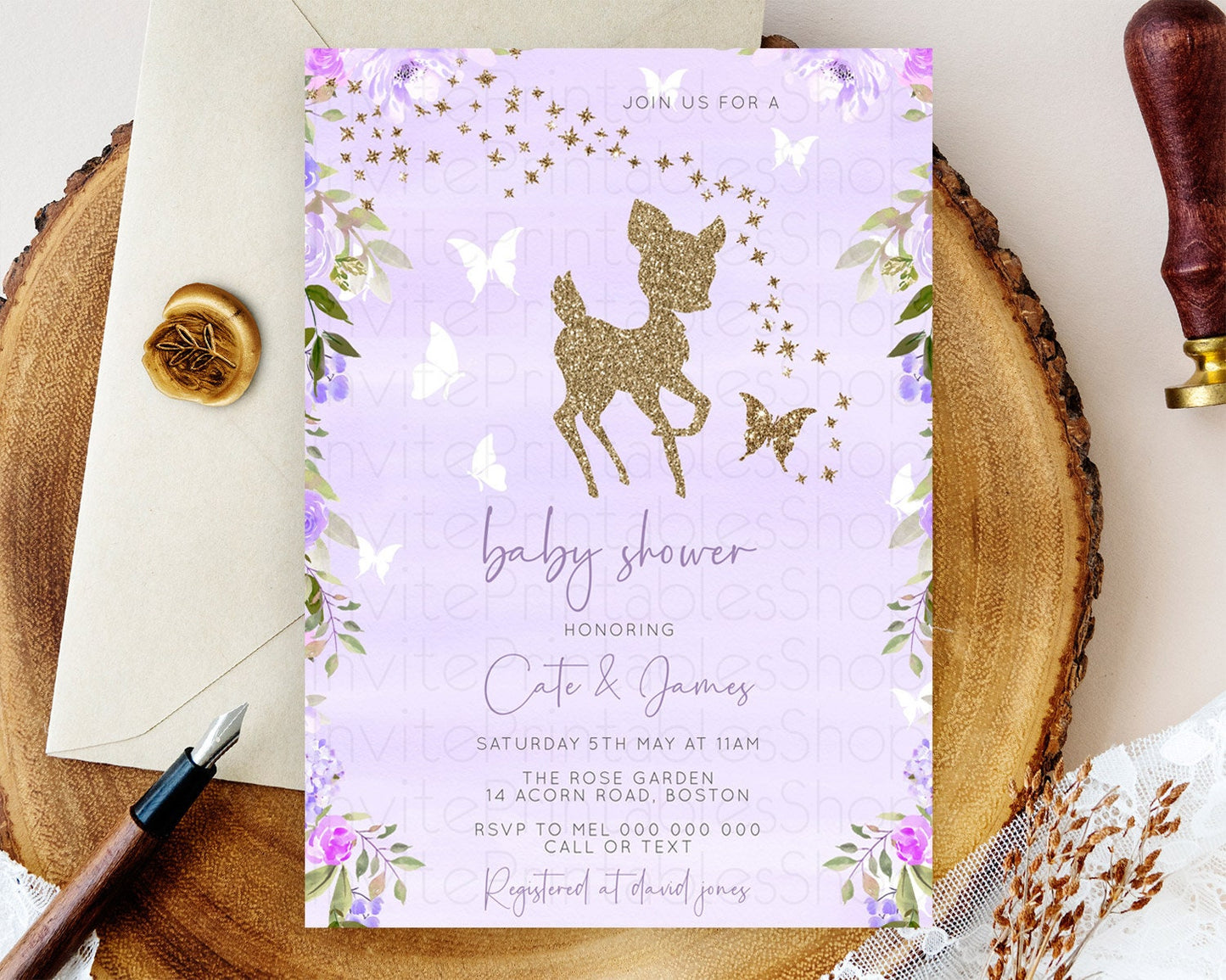 Fawn Baby Shower Invitation Deer Baby Shower Invites Enchanted Forest Theme Butterfly Pastel Flowers Whimsical Baby Shower D10963