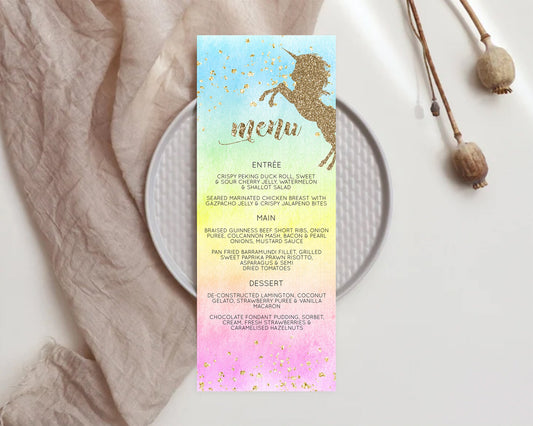 Unicorn Rainbow Menu Template Pastel Unicorn Menu Magical Ombre Unicorn Table Decor Colorful Watercolor Dinner Dessert Food Menu D10499