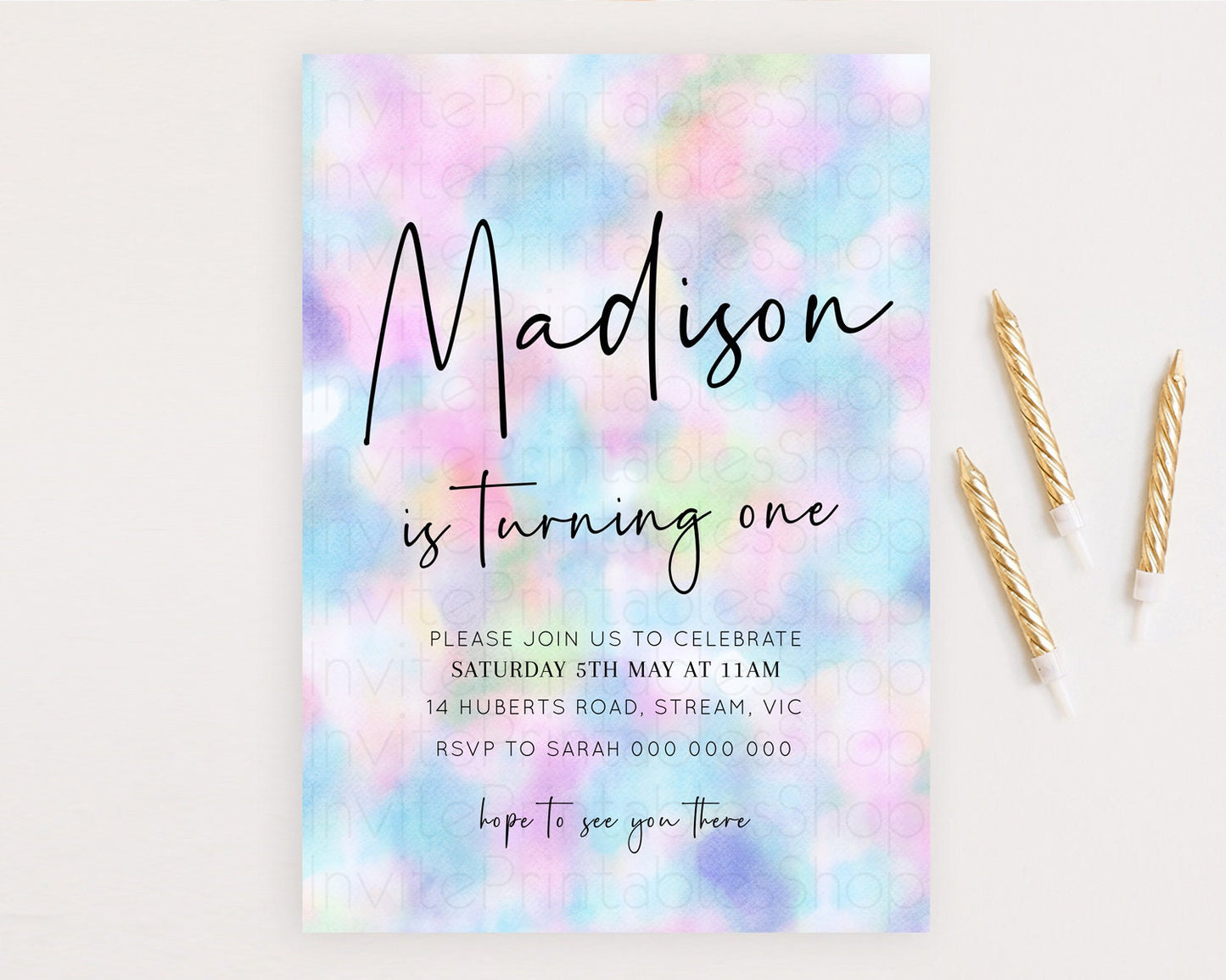 Rainbow Birthday Invitation Colorful Pastel Watercolor Invitation Gold Glitter Sprinkles Ombre Pastel 1st 2nd 3rd Birthday D10694