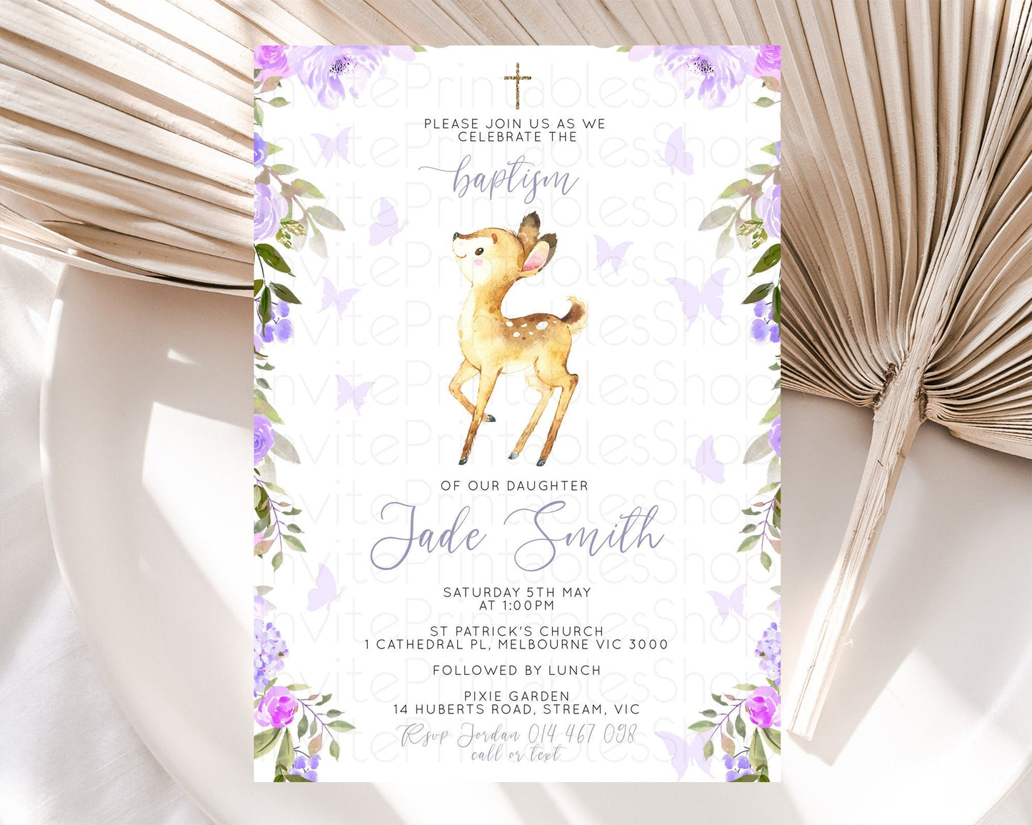 Fawn Baptism Invitation Deer Baptism 1st Birthday Invitation Enchanted Forest Christening Invitation Pastel Garden Butterfly Floral D10916