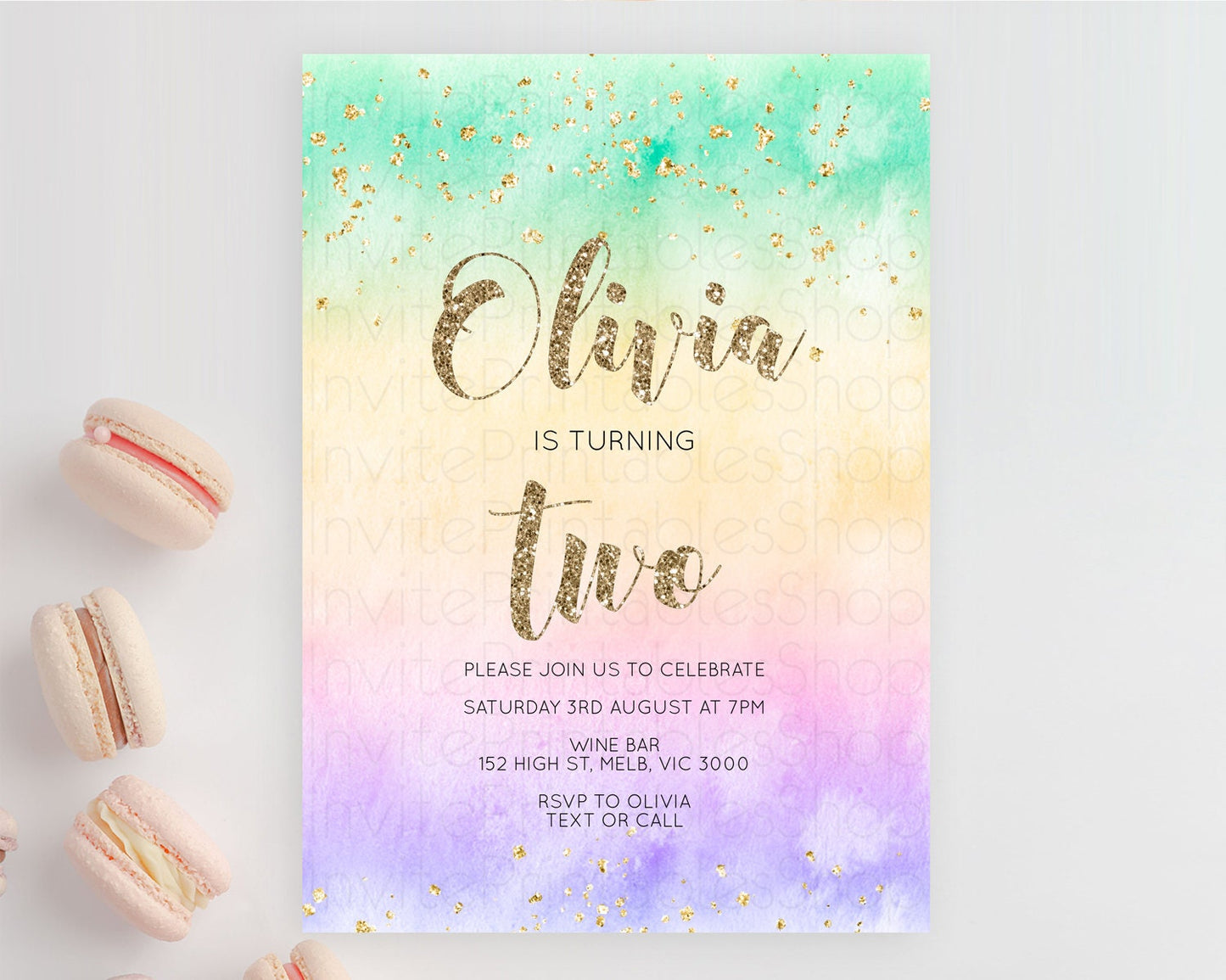 Rainbow Birthday Invitation Colorful Pastel Watercolor Invitation Gold Glitter Sprinkles Ombre Pastel 1st 2nd 3rd Birthday D10478