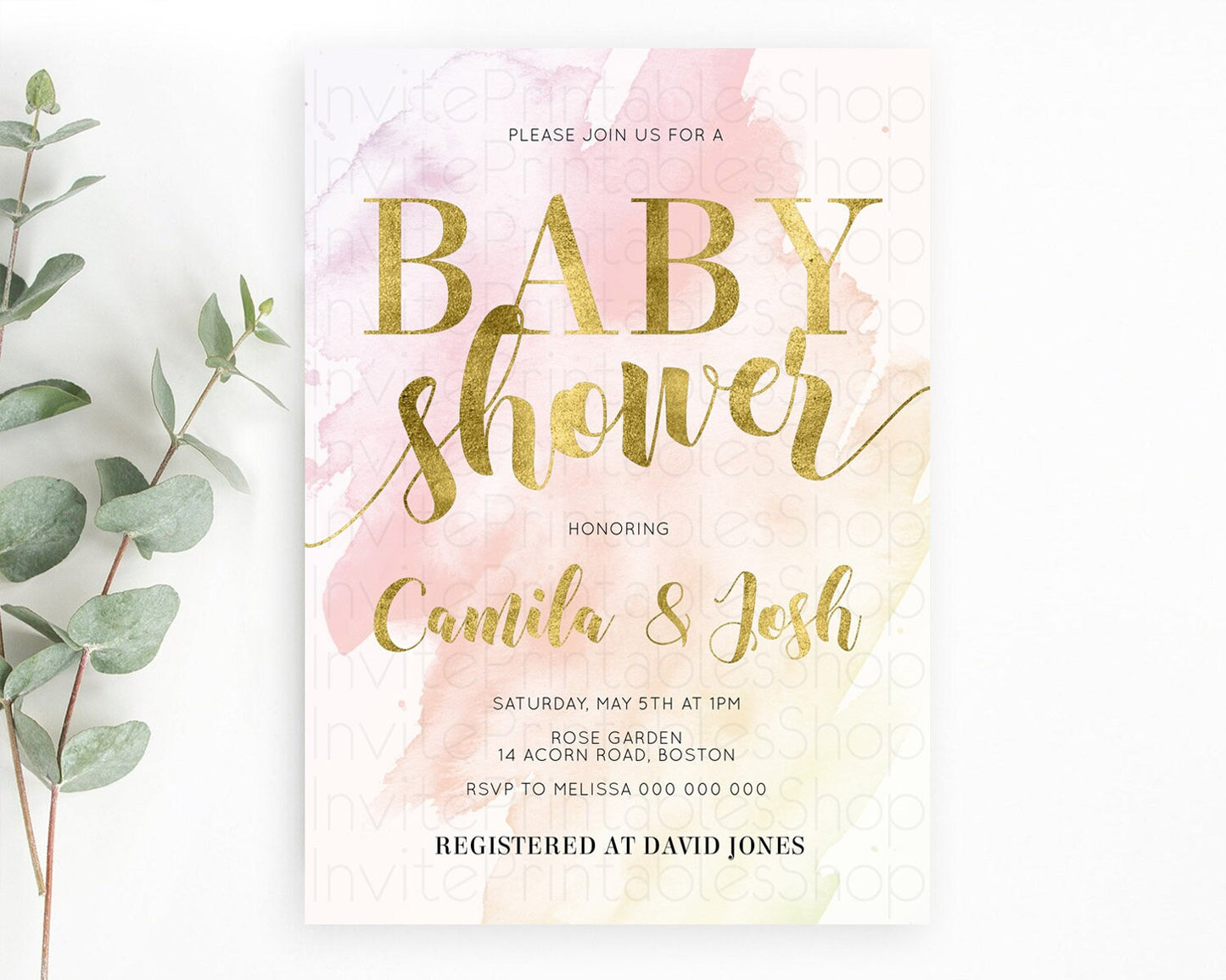 Pink Baby Shower Invitation Pink Watercolor Baby Shower Invitation Pastel Pink Watercolor Invitation Pink Splash Gold Invitation D11025