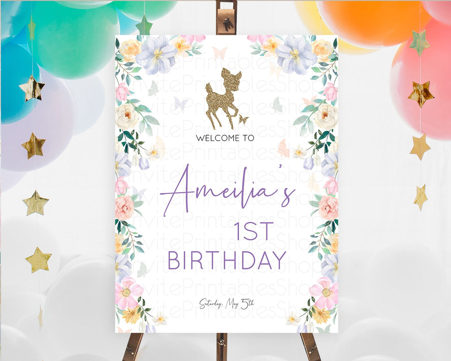 Fawn Welcome Sign Deer Welcome Board Floral Deer Welcome Poster Enchanted Forest Butterfly Pastel Floral First Birthday Welcome Sign D10477