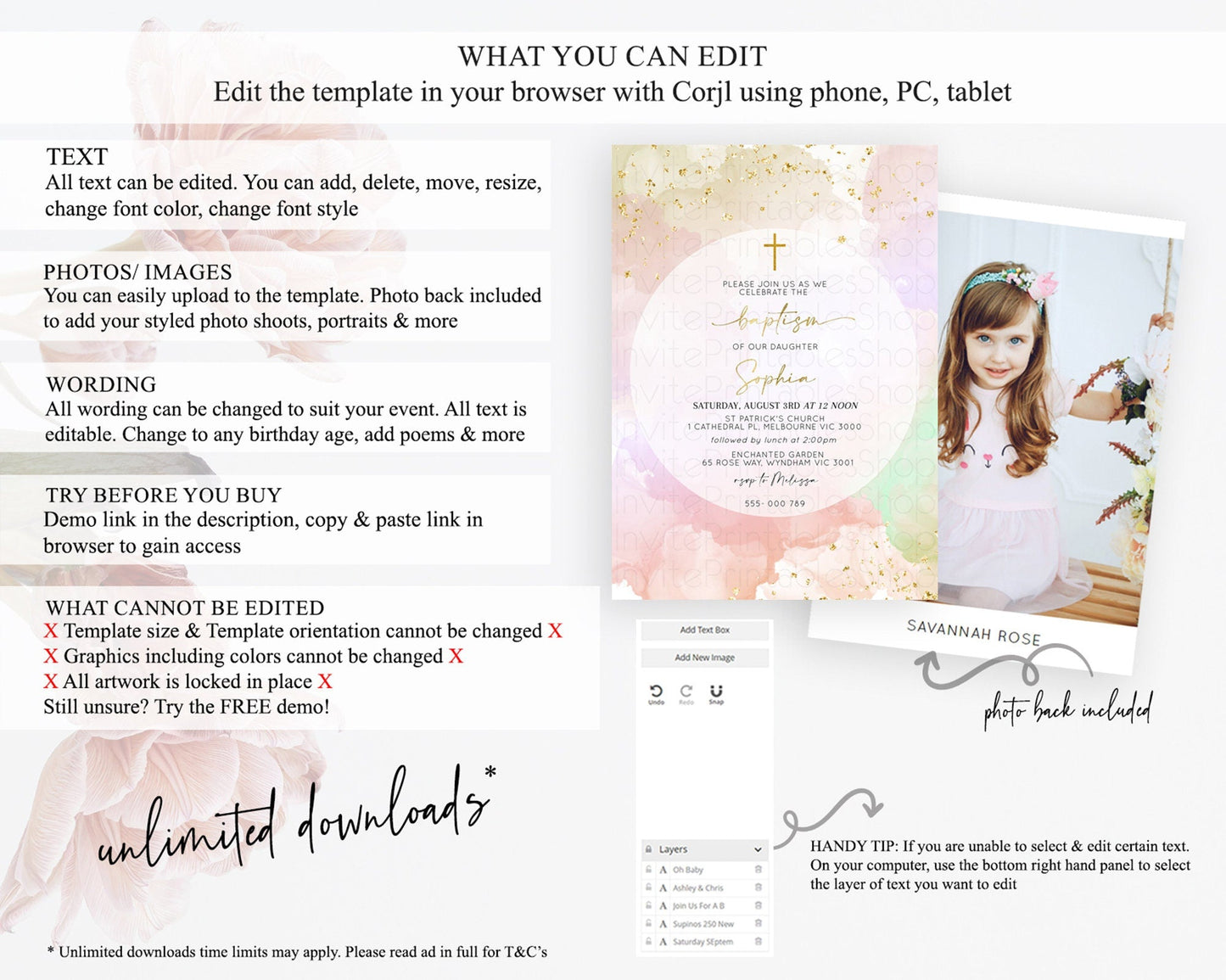Pastel Baptism Invitation Pastel Colors Watercolor Baptism 1st Birthday Party Gold Ombre Pastel Rainbow Christening Holy Communion D10627