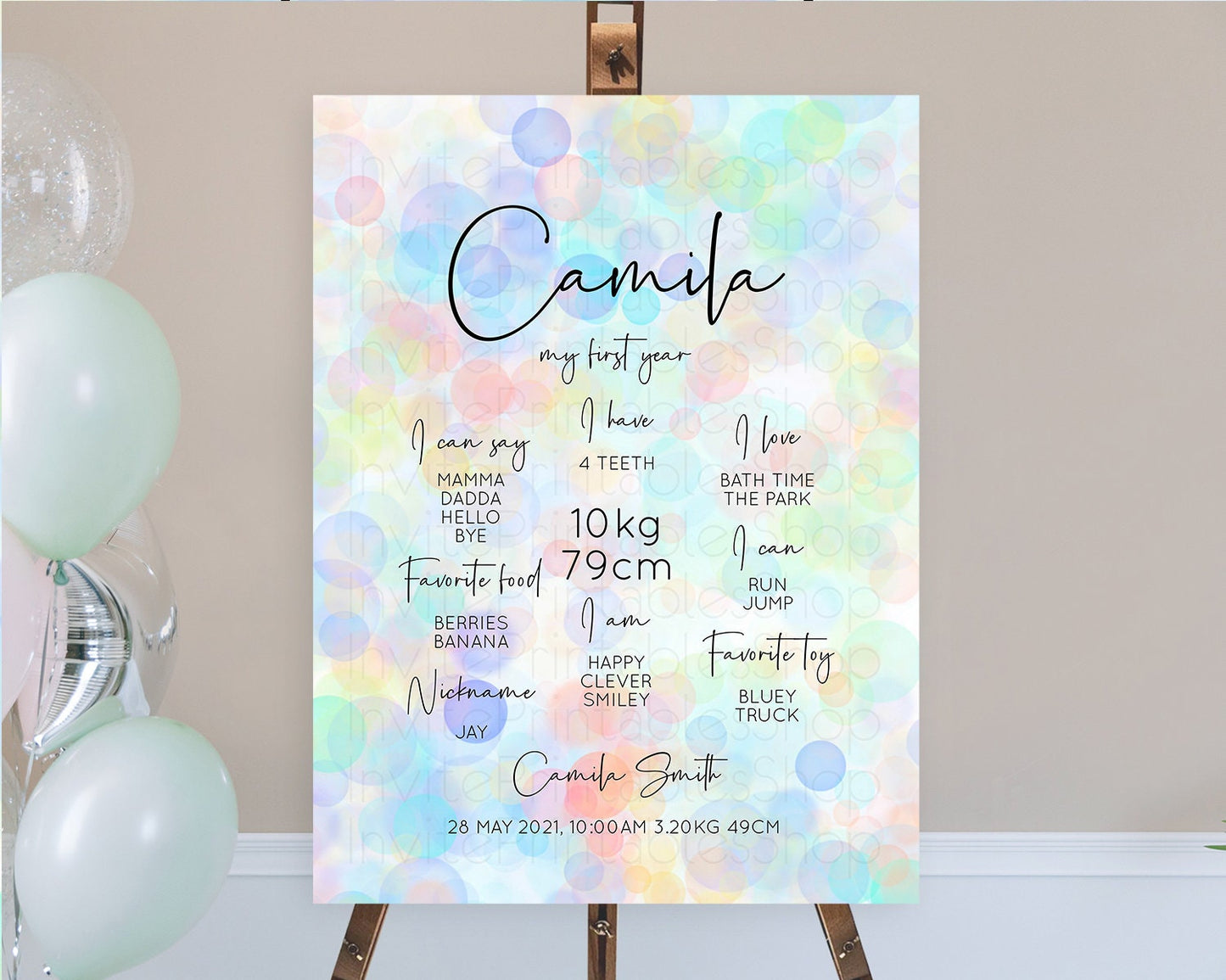 Pastel First Birthday Milestone Board Bubble Bath Milestone Poster Pastel Bubbles Colorful Confetti First Birthday Milestone Welcome D10445