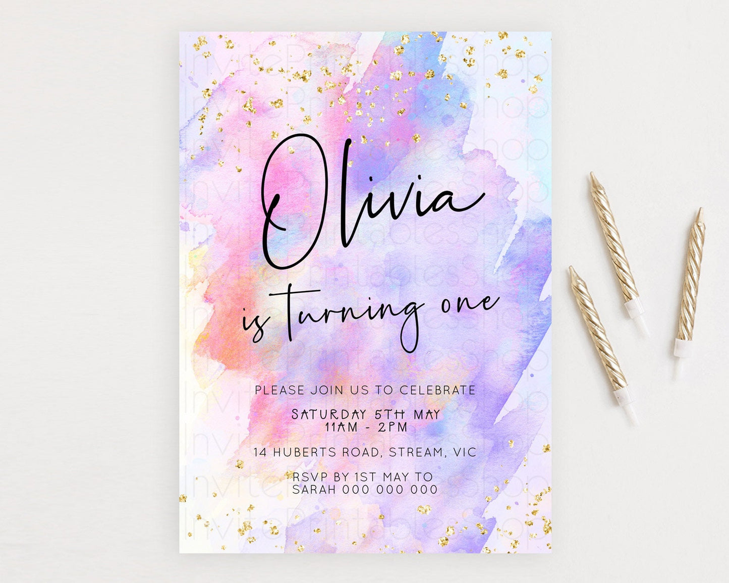 Pastel Birthday Invitation Ombre Watercolor Birthday Invitation Glitter Rainbow Color Splash 1st 2nd 3rd Birthday Invitation D23063