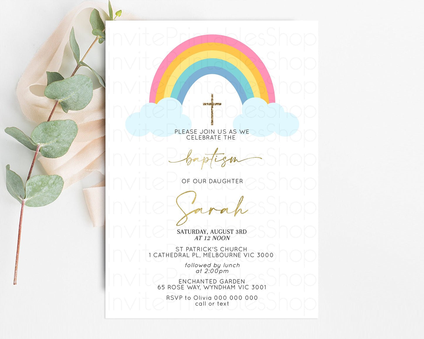 Pastel Baptism Invitation Rainbow Christening Invitation Holy Communion Invite Baptism 1st Birthday Sprinkles Ombre Watercolor Splash
