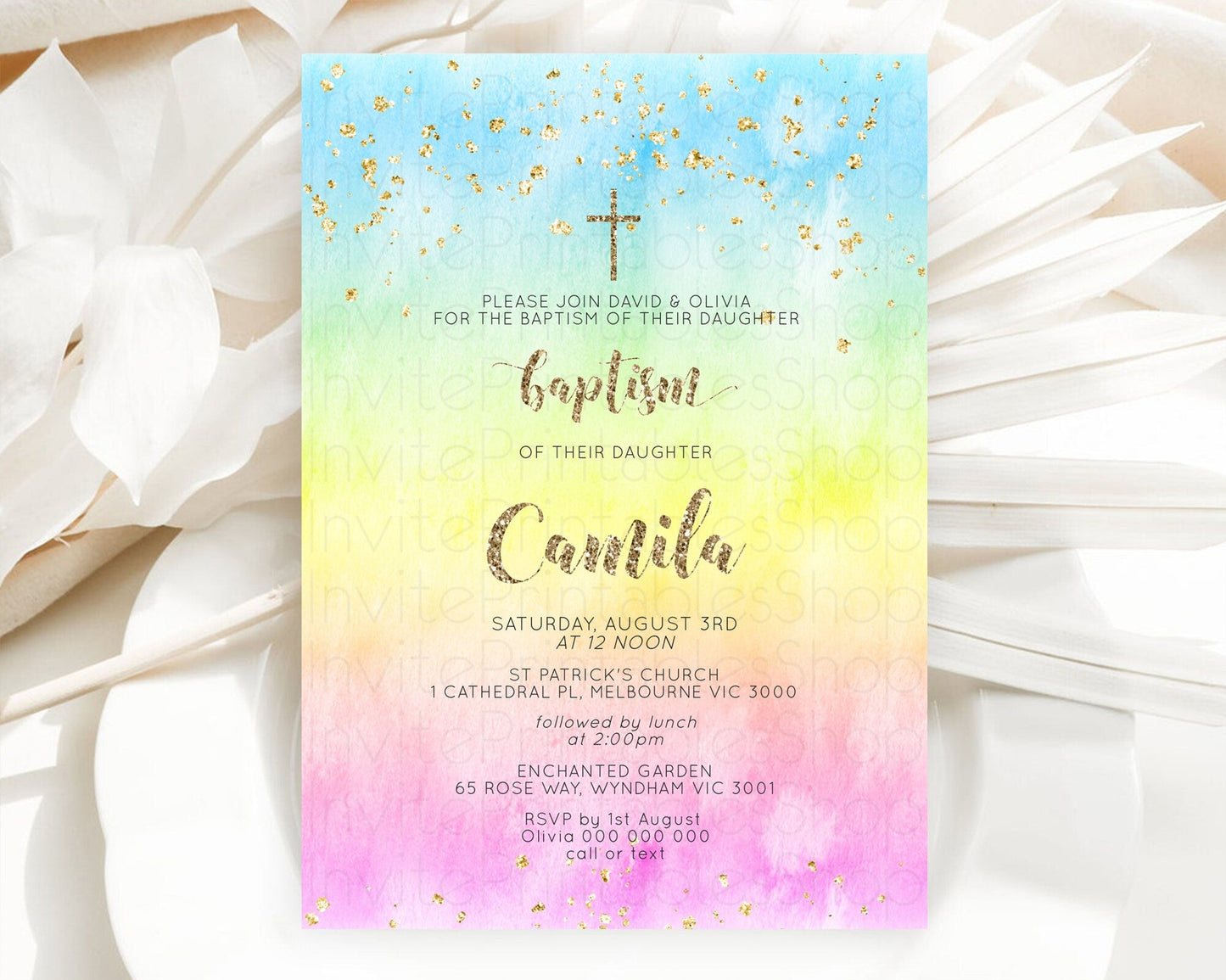 Pastel Baptism Invitation Pastel Colors Watercolor Baptism 1st Birthday Party Gold Ombre Pastel Rainbow Christening Holy Communion D10479