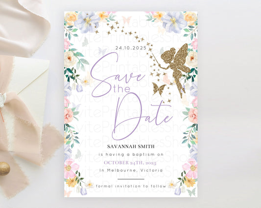 Editable Fairy Save The Date Template Enchanted Garden Pastel Floral Butterf