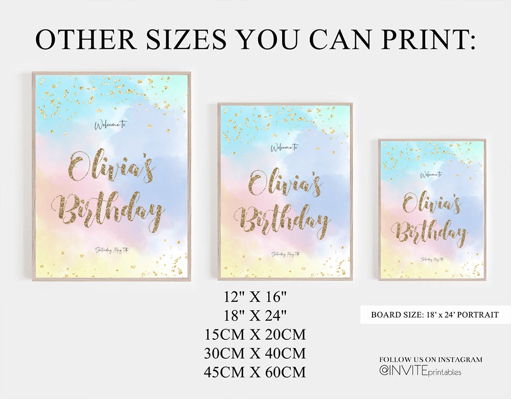 Rainbow Welcome Board Watercolor Pastel Welcome Sign Colorful Splash Glitter Poster 1st Birthday Poster Baby Shower Sign Bridal Shower Sign