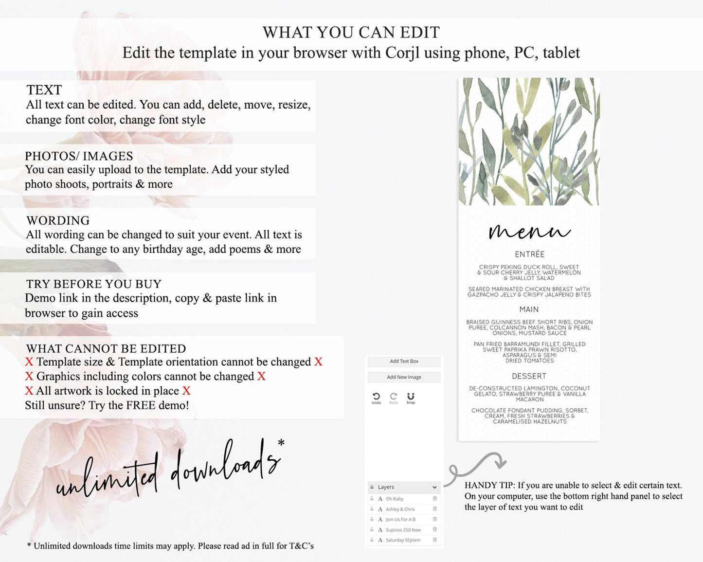 Leafy Menu Green Leaf Menu Template Eucalyptus Fern Leaves Decor Watercolor Boho Garden Leaf Branch Dinner Dessert Party Food Menu D11060