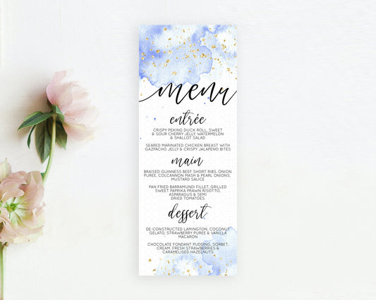 Blue Menu Blue Watercolor Menu Template Pastel Blue Table Décor Blue Watercolor Splash Dinner Dessert Blue Party Food Menu D10313