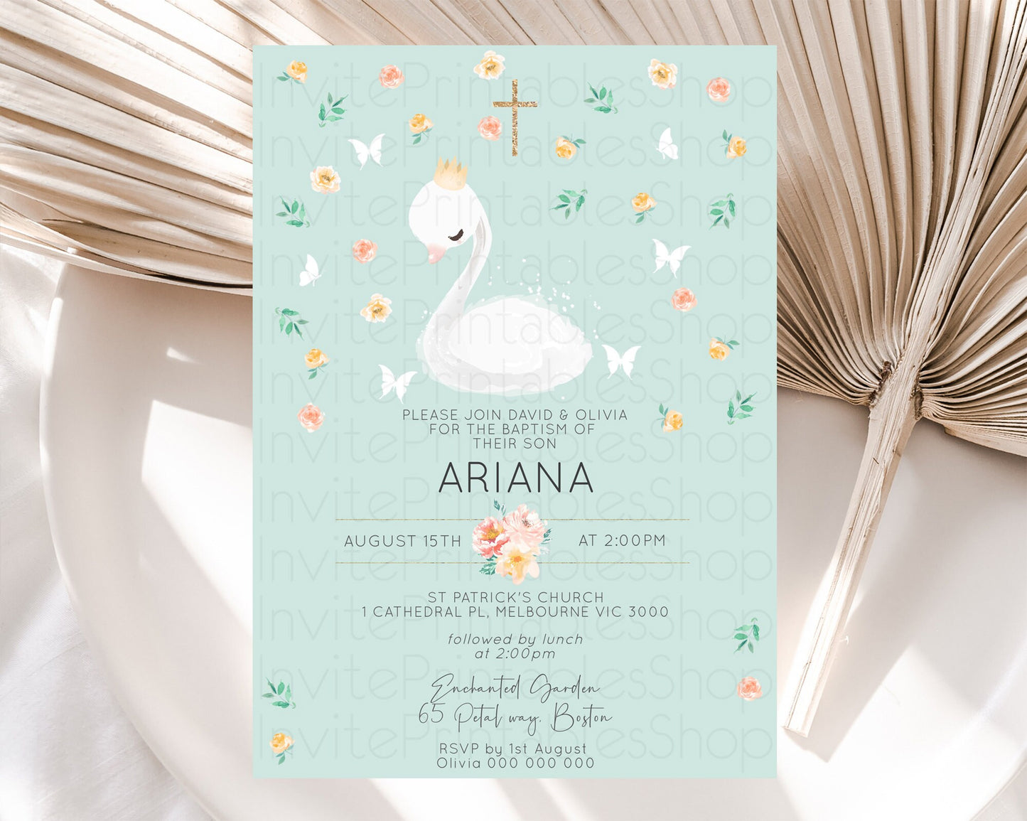 Swan Lake Baptism Invitation Swan Princess Ballet Baptism 1st Birthday Enchanted Forest Secret Garden Watercolour Pastel Floral D10905