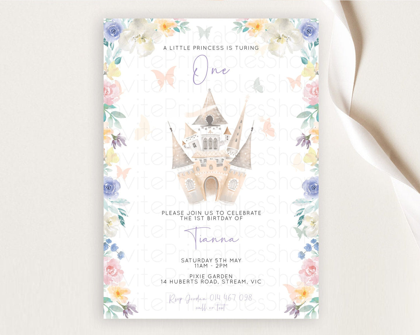 Princess Birthday Invitation Castle Invitation Royal Birthday Fairy Tale Enchanted Castle Pastel Floral Garden 1st First Birthday D10709