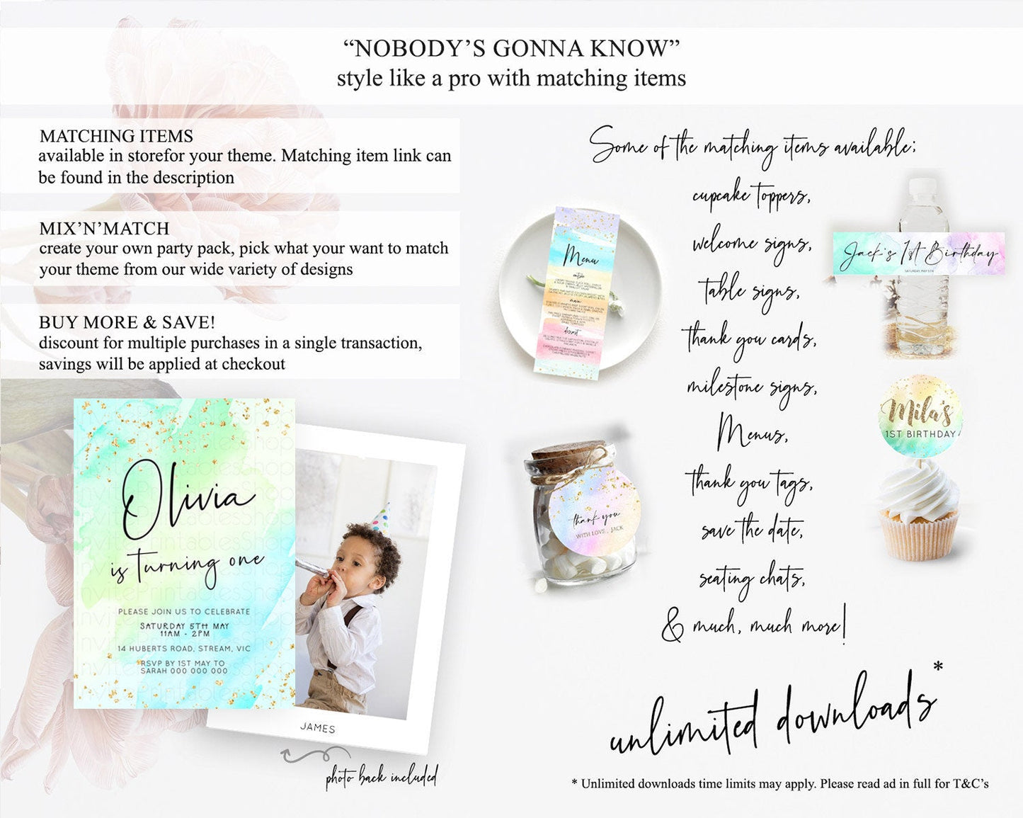 Green Birthday Invitation green Watercolor Invitation Pastel green Watercolor Invitation green Splash Gold Invitation First Birthday D23056