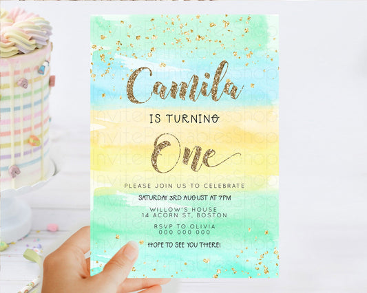 Editable Rainbow Birthday Invitation Colorful Pastel Watercolor Invitation G