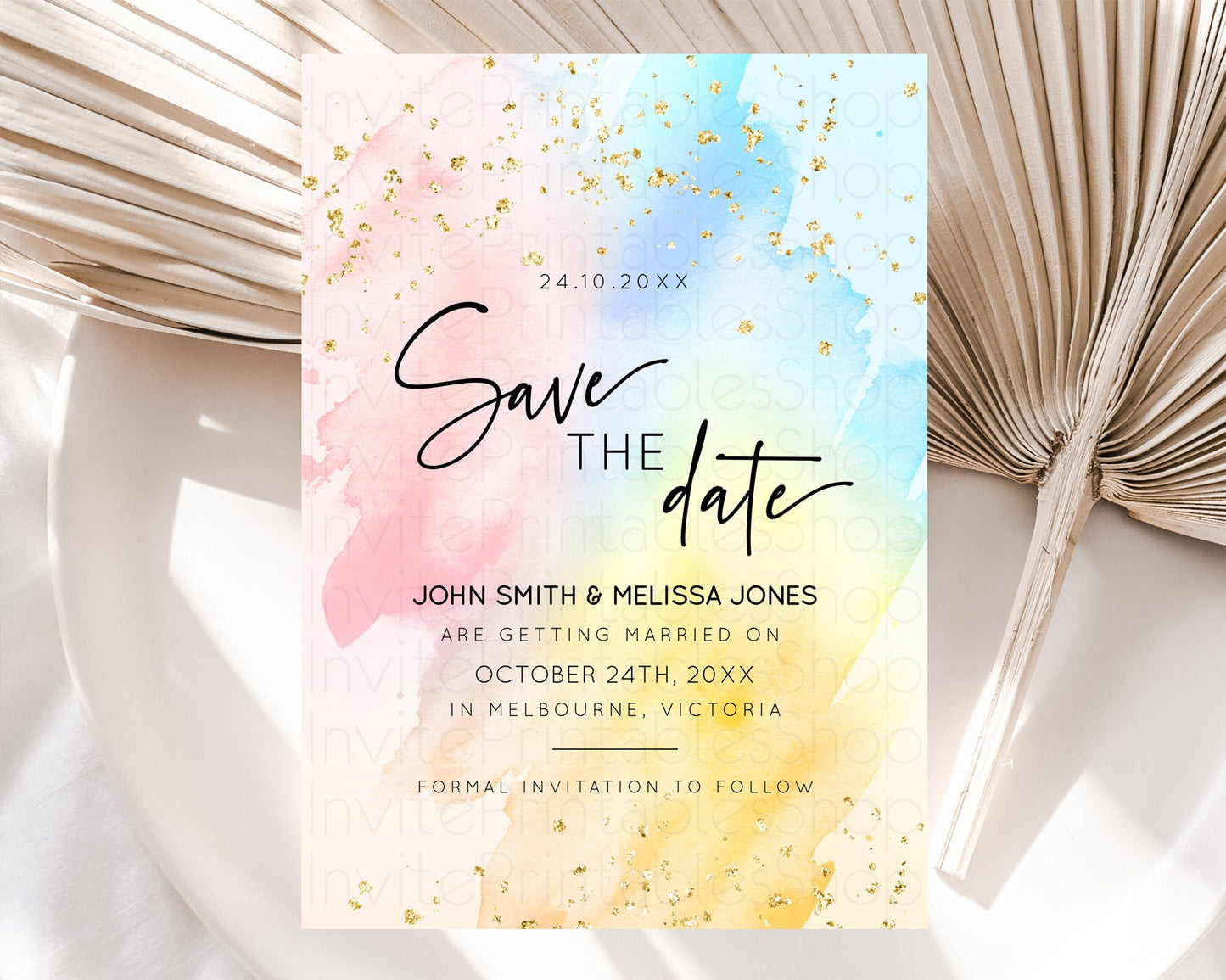 Pastel Save The Date Template Pastel Ombre Rainbow Watercolor Colorful Party For Birthday Baptism Baby Shower Wedding Bridal Shower D10557