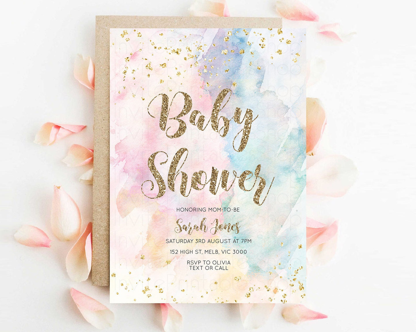 Rainbow Baby Shower Invitation Pastel Watercolor Invitation Colorful Splash Gold Splatter Glitter Foil Sprinkles Confetti Editable D10264