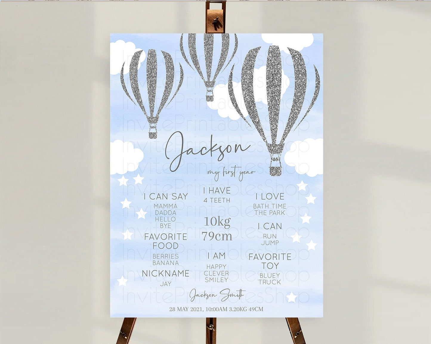 Hot Air Balloon First Birthday Milestone Poster Hot Air Balloon Milestone Board Adventure Awaits Blue Watercolor 1st Birthday Boy D10334