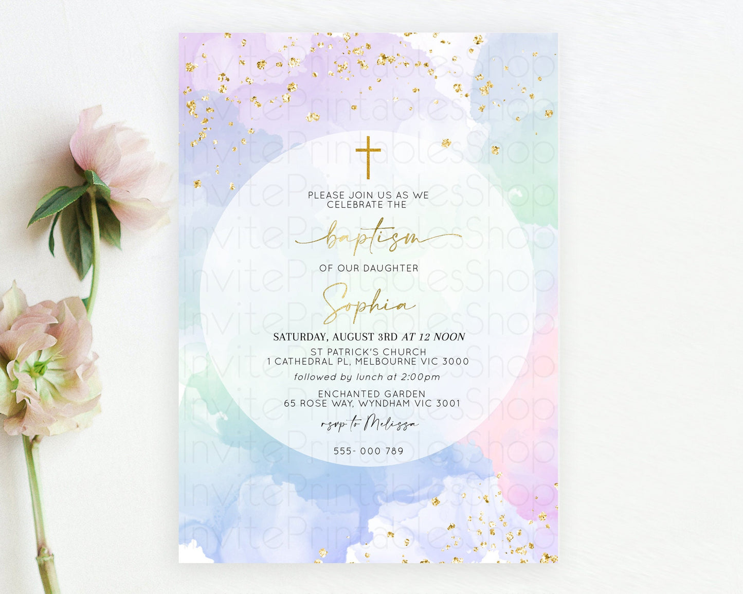 Pastel Baptism Invitation Pastel Colors Watercolor Baptism 1st Birthday Party Gold Ombre Pastel Rainbow Christening Holy Communion D10624