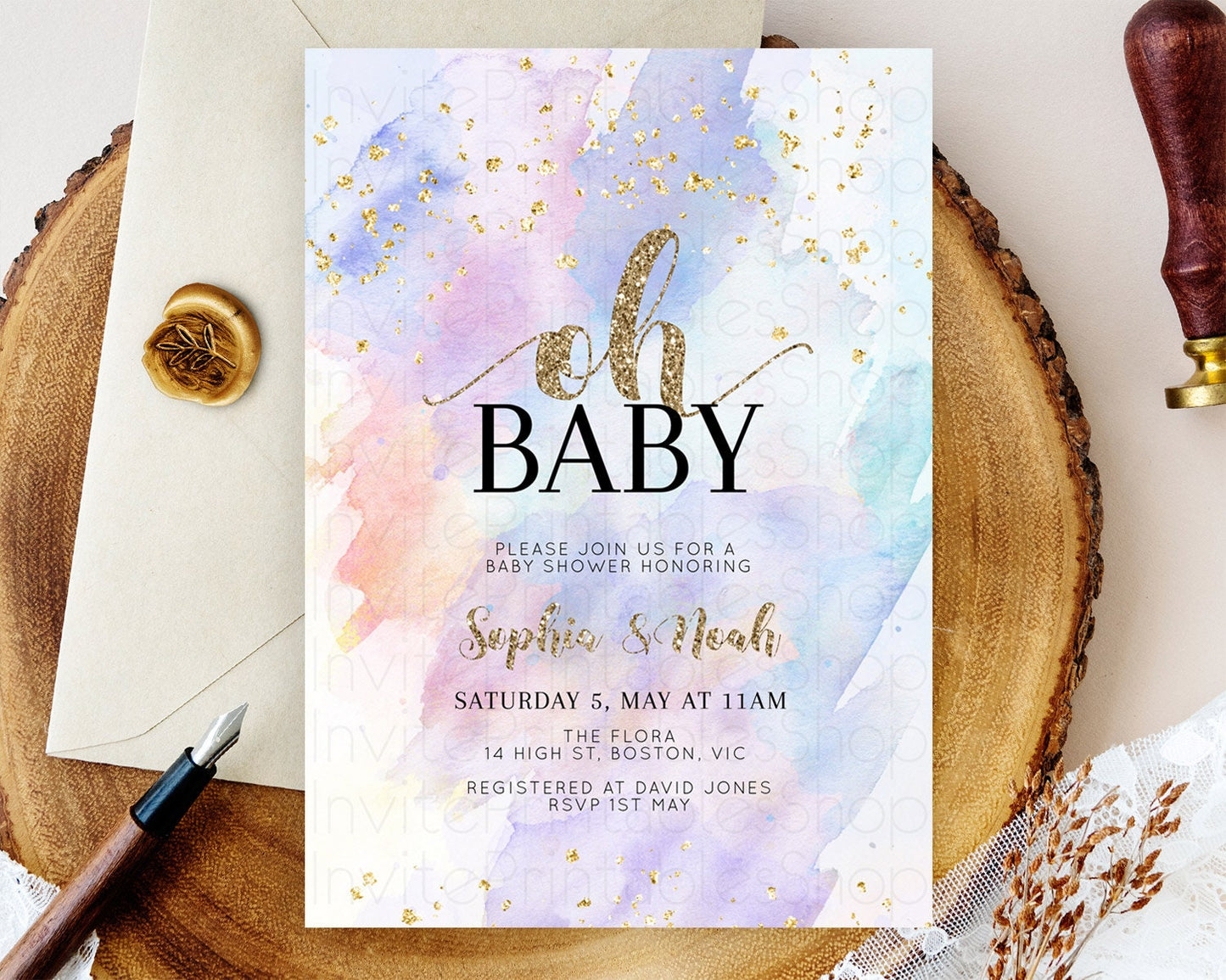 Pastel Baby Shower Invitation Rainbow Baby Shower Invitation Colorful Pastel Watercolor Invitation Gold Glitter Sprinkles Ombre D10583