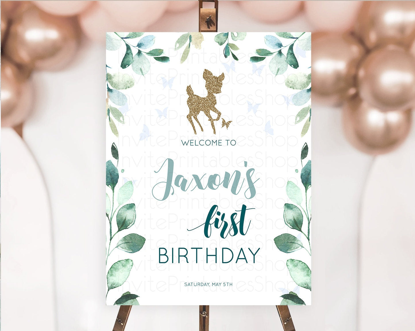 Fawn Welcome Sign Deer Welcome Board Floral Deer Welcome Poster Enchanted Forest Butterfly Pastel Floral First Birthday Welcome Sign D10882