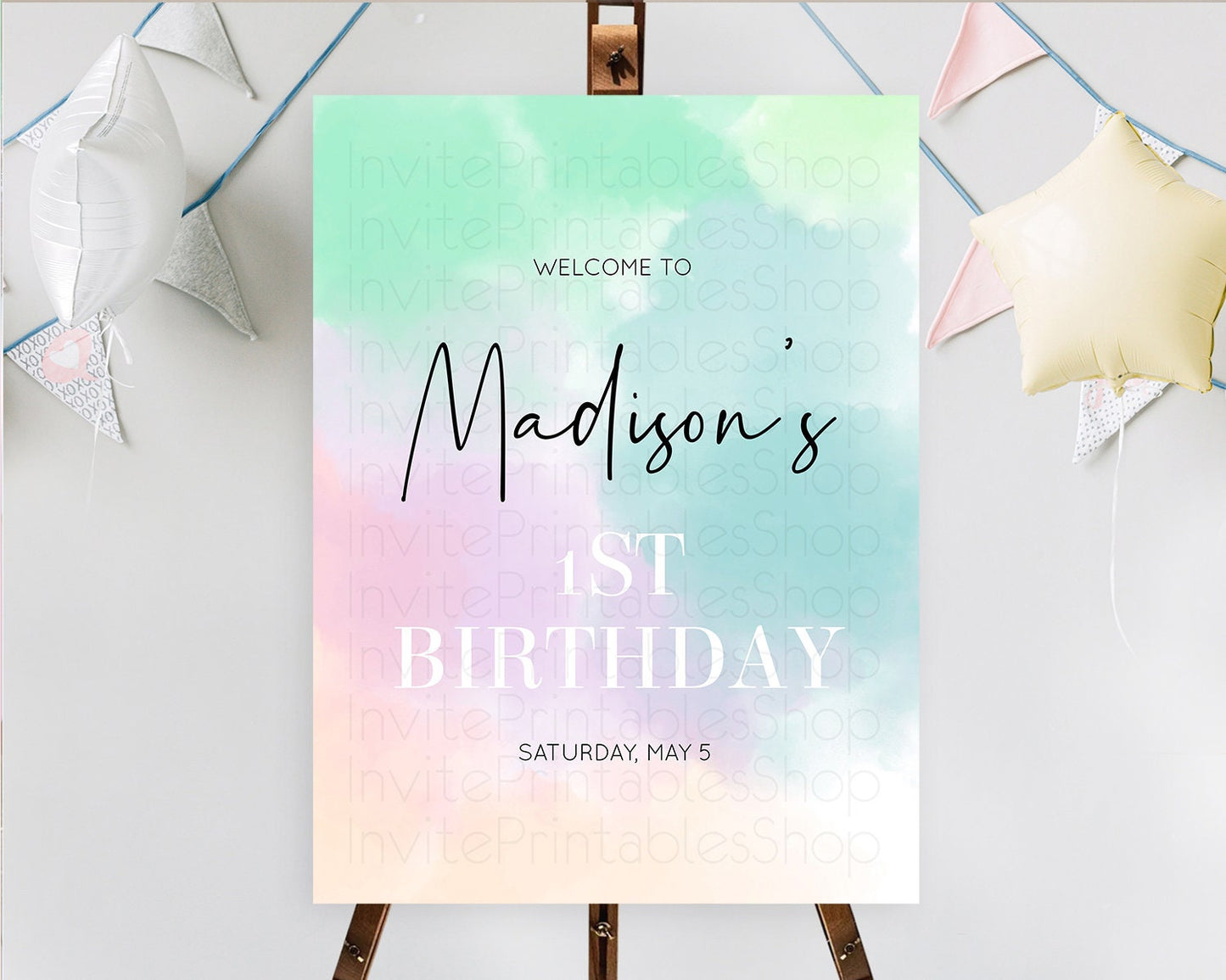 Pastel Welcome Sign Pastel Rainbow Welcome Sign Colorful Rainbow Confetti Watercolor Glitter Pastel First Birthday Welcome Sign D10375