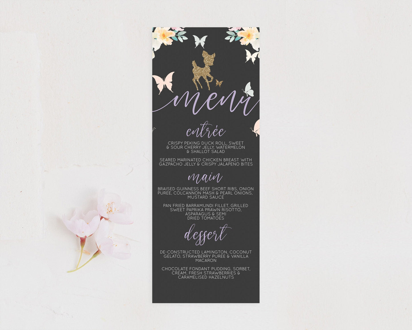 Fawn Menu Deer Menu Template Pastel Floral Deer Table Decor Enchanted Forest Butterfly Floral Dinner Dessert Menu Party Food Menu D10323