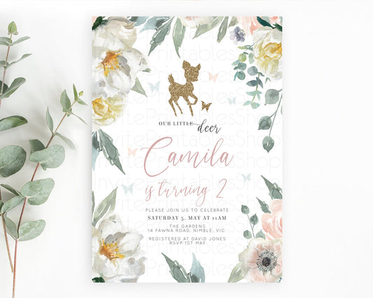 Fawn Birthday Invitation Deer Birthday Invitation Enchanted Forest Party Butterfly Pastel Flowers Whimsical 2nd 1st First Birthday D10120