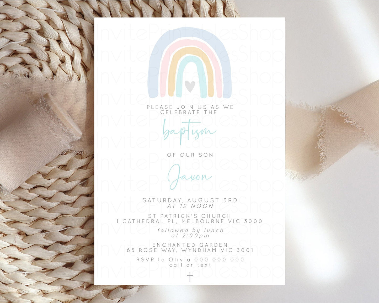 Rainbow Baptism Invitation Pastel Rainbow Christening Invitation Watercolor Boho Rainbow Invite Pastel Colors Rainbow Heart Invite Cross 19