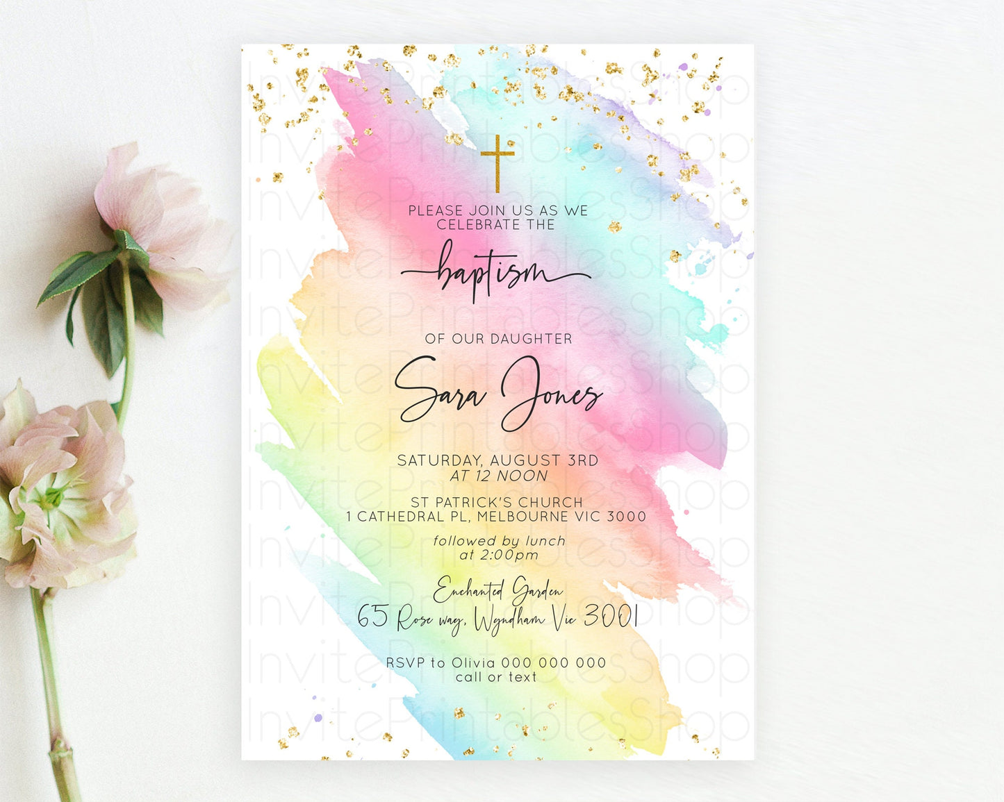 Pastel Baptism Invitation Pastel Colors Watercolor Baptism 1st Birthday Party Gold Ombre Pastel Rainbow Christening Holy Communion D10495