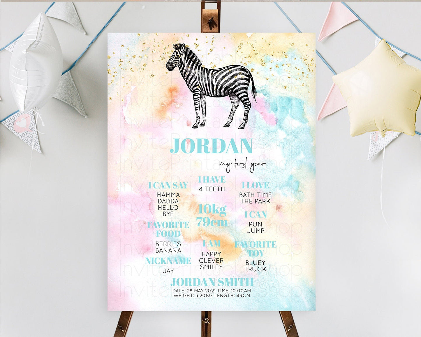 Pastel Zebra First Birthday Milestone Board Zebra Milestone Poster Colorful Rainbow Pastel Watercolor 1st Birthday Welcome Sign D10281