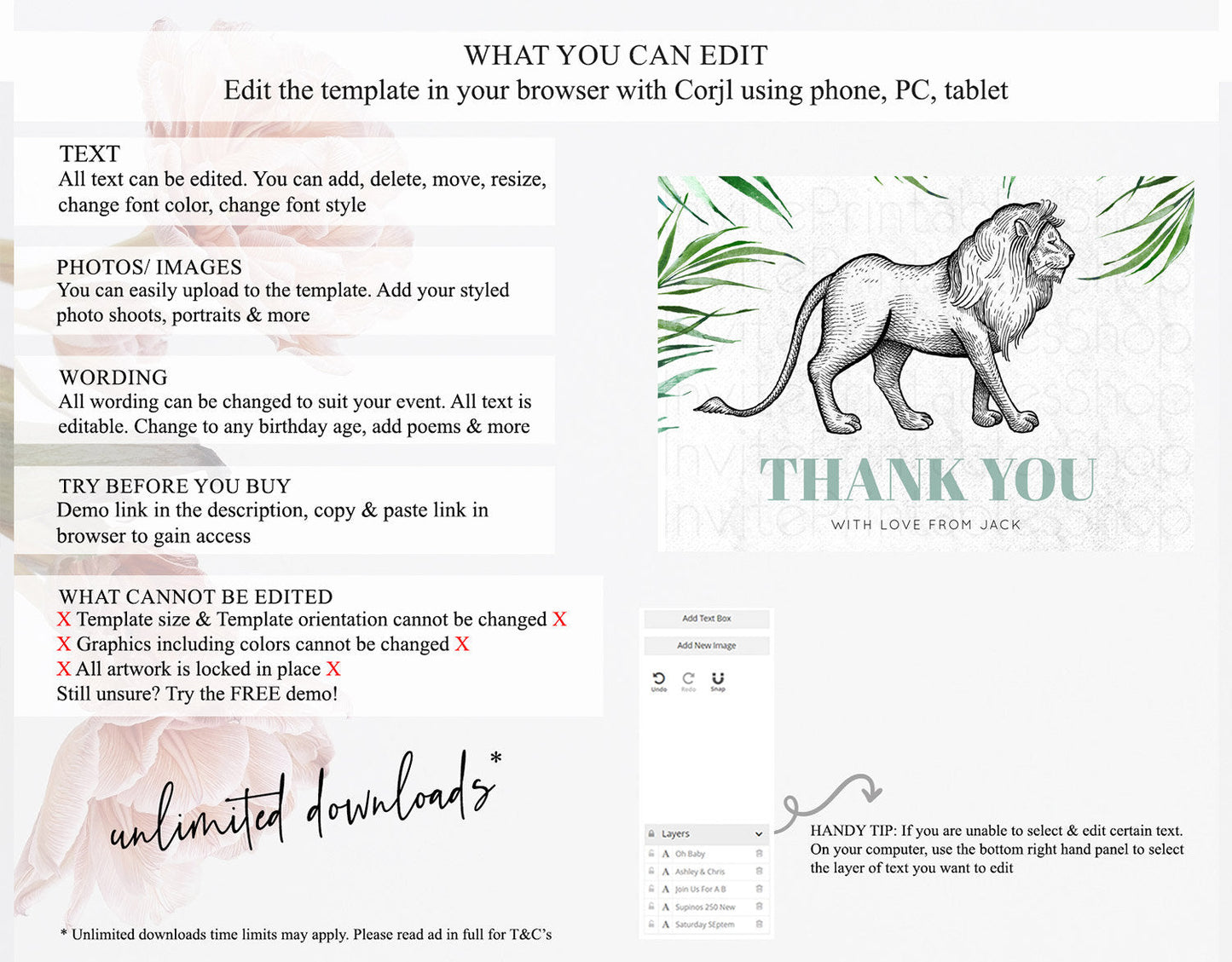 Lion Thank You Lion Thank You Card Lion Party Birthday Thank You Card Safari Lion Cards Dried Palm Fern Lion Teacher Thank You Cards D10845