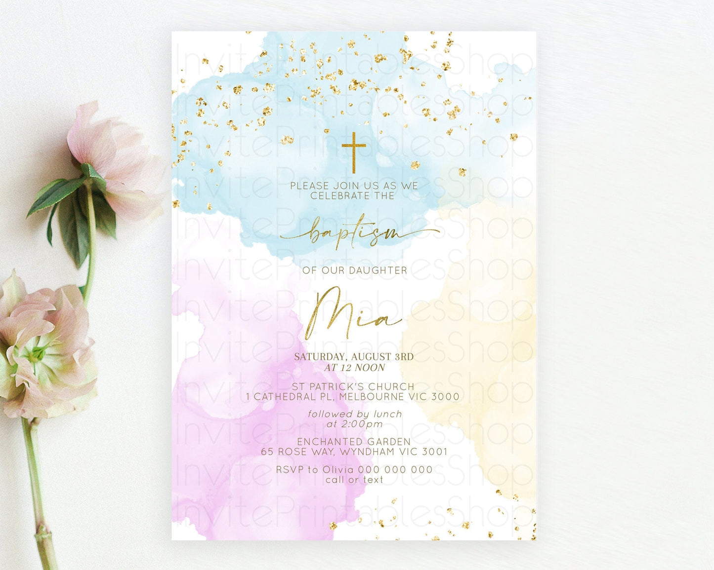 Pastel Baptism Invitation Pastel Colors Watercolor Baptism 1st Birthday Party Gold Ombre Pastel Rainbow Christening Holy Communion D10204