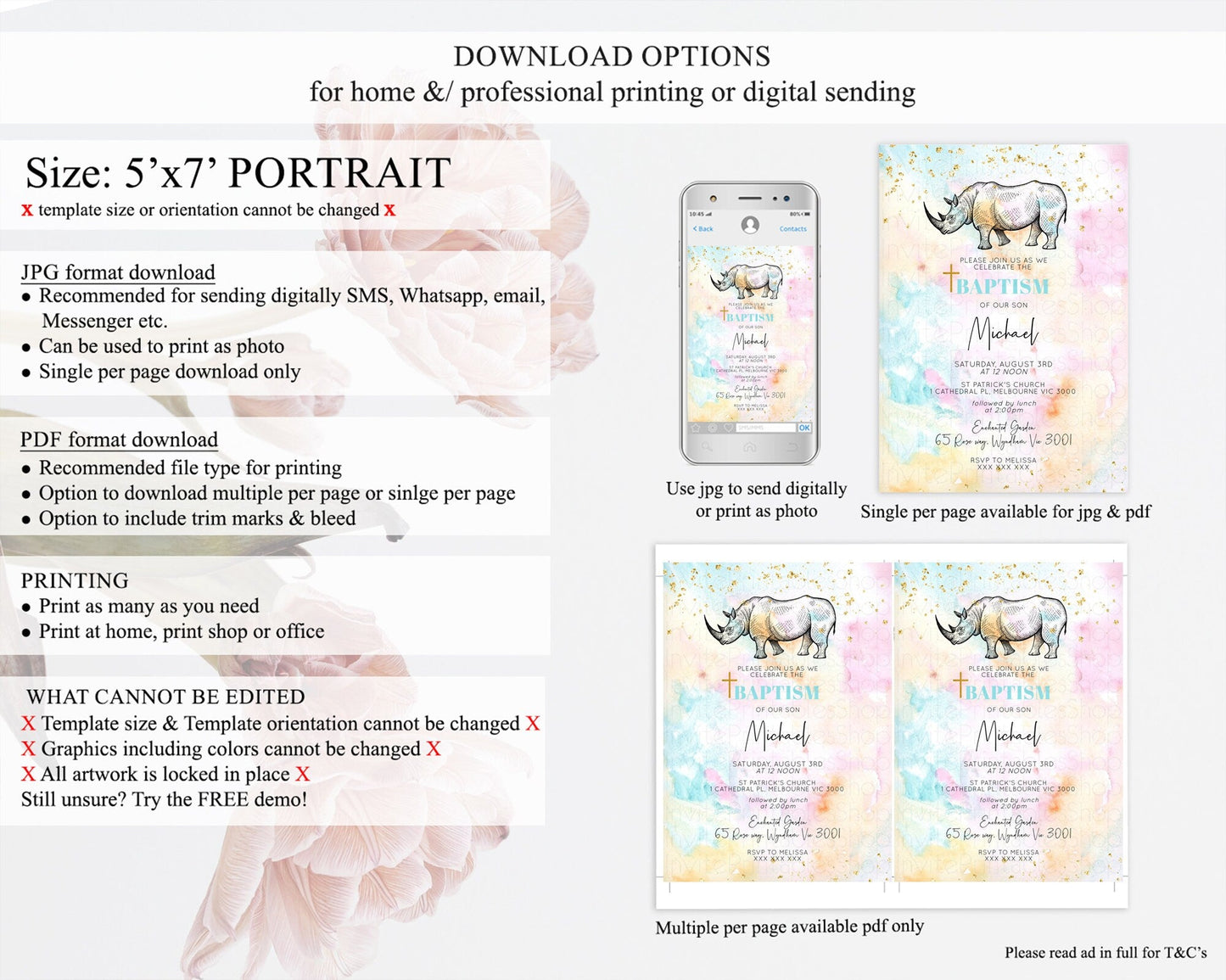 Rhino Baptism Invitation Rhino Baptism 1st Birthday Invitation Rhino Pastel Watercolor Rainbow Christening Invitation Religious D10287